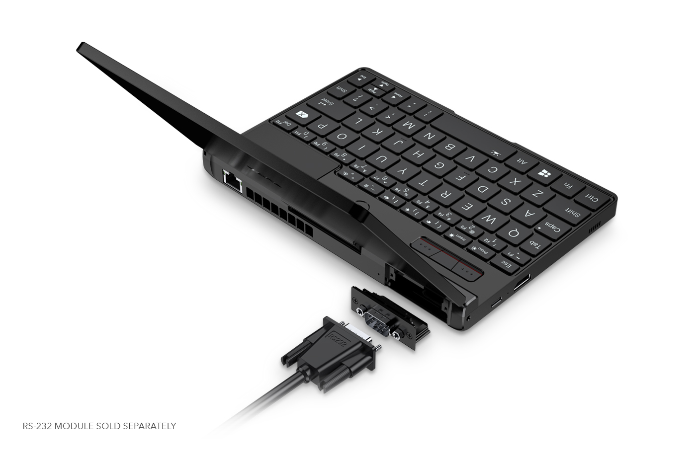 Atnaujintas GPD Pocket 3 4 GPD Pocket 3 mini nešiojamasis kompiuteris, rodantis RS-232 modulį
