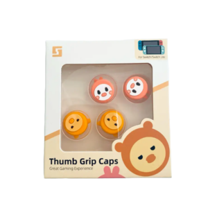 En produktæske med fire runde hætter til tommelfingergreb til Nintendo Switch. To hætter er orange og to er gule, hver med et sødt, hvidt "kawaii"-dyreansigt med lyserøde kinder. Emballagen er hvid med teksten "Thumb Grip Caps" og "Great Gaming Experience".