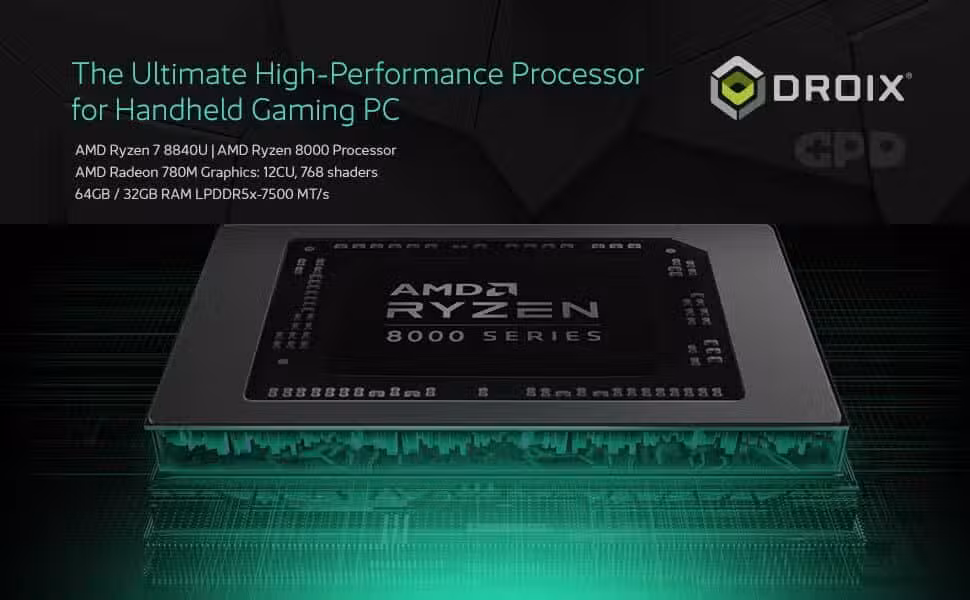 An image of the GPD Win Max 2 (2024) gaming laptop, emphasizing its high-performance processor and GPU. The close-up view shows the laptop's sleek exterior, with text overlay or icons indicating the AMD Ryzen 7 7840U processor and the integrated Radeon 780M GPU, known for delivering powerful performance and smooth graphics for gaming and multitasking.