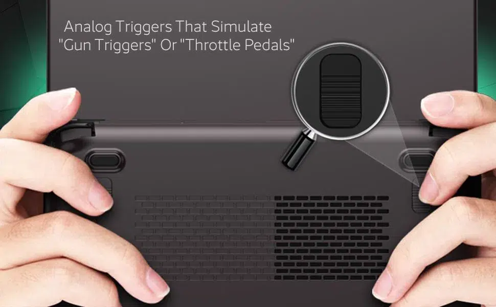An image of the GPD Win Max 2 (2024) gaming laptop, focusing on its analog triggers. The close-up view shows the ergonomic triggers on the device, designed to provide precise control and sensitivity for gaming, enhancing the overall gameplay experience