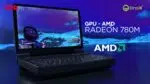 GPD WIN Mini 2024: Kompakter Handheld-Gaming-PC, der in geöffnetem Zustand vor einem leuchtenden lila und blauen Hintergrund präsentiert wird. Das 7-Zoll-Display des Geräts zeigt eine futuristische Spielszene mit einer Figur in einer Schneelandschaft. Die vollständige QWERTZ-Tastatur ist unterhalb des Bildschirms sichtbar und unterstreicht die doppelte Funktionalität für Spiele und Produktivität. Das Text-Overlay betont "GPU - AMD RADEON 780M" und zeigt das AMD-Logo. Die Logos von GPD und DroiX sind deutlich zu erkennen. Das Bild kombiniert die Darstellung echter Hardware mit stilisierten grafischen Elementen und unterstreicht die leistungsstarken GPU-Funktionen des Geräts. Das schlanke schwarze Gehäuse steht im Kontrast zu den farbigen Bildschirminhalten und dem Hintergrund und unterstreicht die Verbindung von Portabilität und Hochleistungs-Gaming. Diese visuelle Darstellung suggeriert ein erstklassiges Spielerlebnis in einem kompakten Formfaktor und spricht damit Enthusiasten an, die Grafik der Desktop-Klasse in einem Handheld-Gerät suchen.