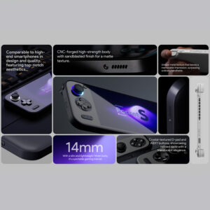 Collage des caractéristiques de l'AYANEO Pocket S, incluant un corps mince de 14 mm, un corps haute résistance forgé CNC, un pavé directionnel et des boutons à texture cristalline, et une comparaison avec les smartphones haut de gamme en termes de design et de qualité.