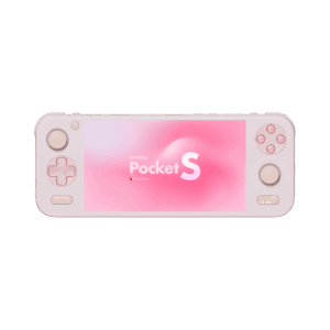 A direct front view of a pink AYANEO Pocket S handheld gaming console, isolated against a solid dark green background. The screen prominently displays the "AYANEO Pocket S" logo and "Powered by Snapdragon" against a soft pink gradient. All control buttons, including the pink D-pad, analog sticks, and face buttons, are clearly visible.