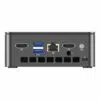 Widok z tyłu mini PC GMKtec G3 N100, przedstawiający szereg portów wejścia/wyjścia. Układ obejmuje porty HDMI, USB, Ethernet i audio, zaprojektowane z myślą o wszechstronnej łączności. Kompaktowa i wydajna konstrukcja zapewnia łatwy dostęp i wszechstronną funkcjonalność  