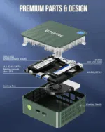 GMKtec G3 N100 mini PC, prezentujący elegancki czarny design z gładkim wykończeniem, przyciskiem zasilania i kratkami wentylacyjnymi. Minimalistyczny panel przedni podkreśla kompaktową i nowoczesną estetykę. 