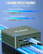 GMKtec G3 mini PC wyposażony w szybki Ethernet 2.5G z gigabitowym portem sieciowym RJ45. Urządzenie ma elegancką, kompaktową czarną obudowę z przyciskiem zasilania z przodu i wieloma opcjami łączności z tyłu, w tym HDMI, USB i Ethernet. 