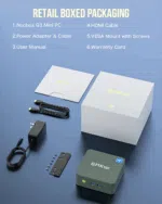 Zawartość pudełka GMKtec G3 Mini PC: zawiera jednostkę mini PC, zasilacz i skróconą instrukcję obsługi. Eleganckie czarne opakowanie z wyróżnionymi szczegółami i specyfikacjami produktu. 