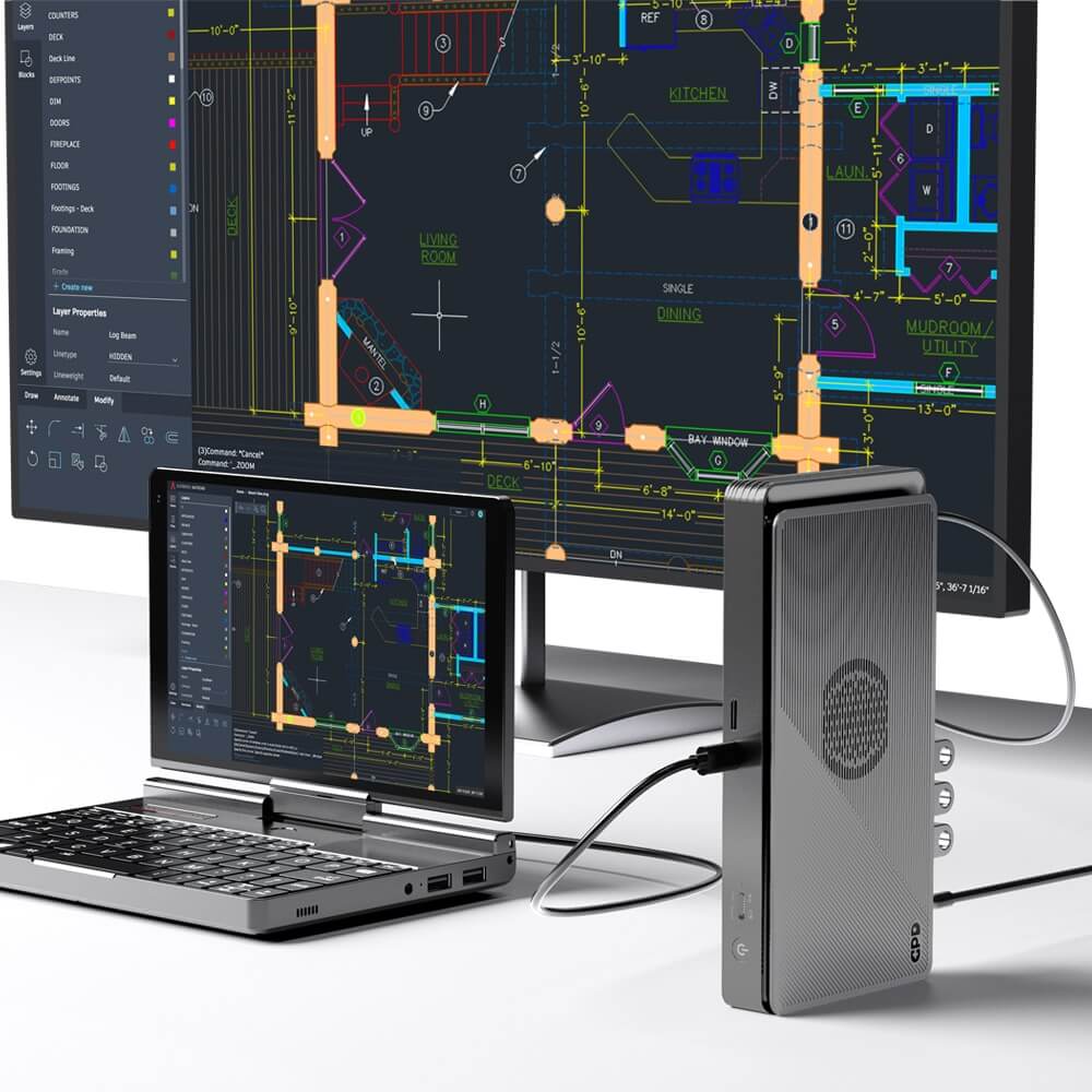 GPD-G1_2024-USAGE-IMAGE-3 - DROIX EU Image showing a GPD G1 handheld device connected to a GPD Pocket 3, with both devices linked to external monitors for a multi-display configuration