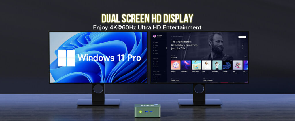 Mini-komputer GMKtec podłączony do dwóch monitorów HD, prezentujący możliwości jednoczesnej obsługi wielu ekranów. Konfiguracja obejmuje elegancki, kompaktowy czarny mini PC z portami HDMI używanymi do podłączenia dwóch monitorów o wysokiej rozdzielczości wyświetlających żywy, wyraźny obraz 