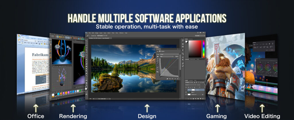 GMKtec mini PC wydajnie obsługuje wiele aplikacji jednocześnie, z ekranem wyświetlającym różne otwarte programy i płynną, responsywną wydajnością. Kompaktowe, czarne urządzenie jest przykładem wielozadaniowości, wspierając produktywność i efektywny przepływ pracy. 
