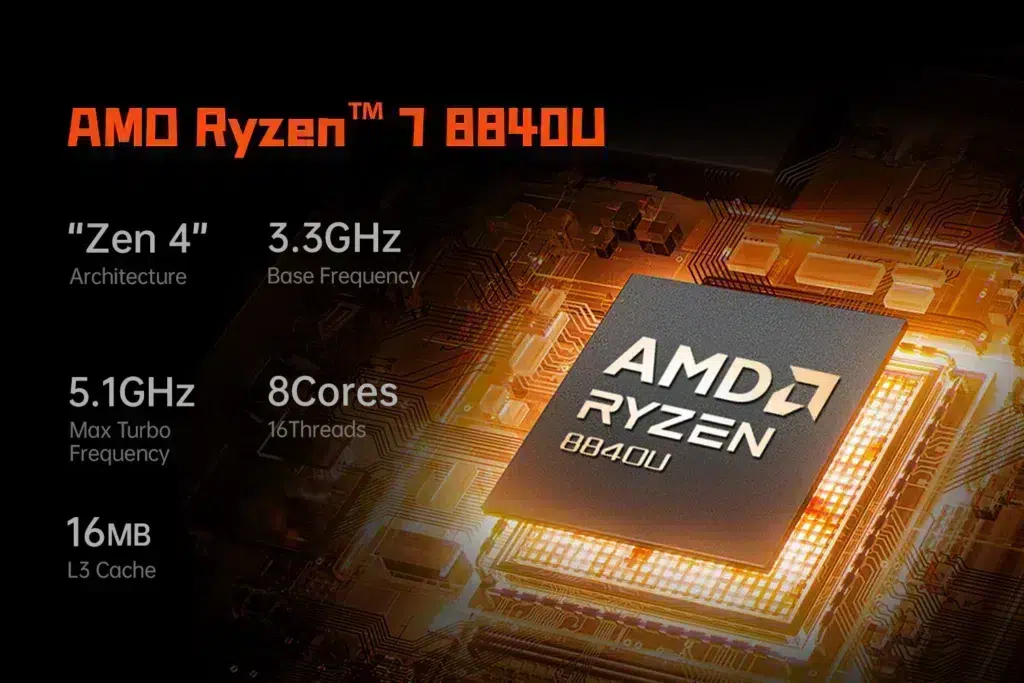   Een afbeelding van de specificaties van de AMD Ryzen 7 8840U-processor. Het toont details zoals de "Zen 4" architectuur, 3,3GHz basisfrequentie, 5,1GHz max turbofrequentie, 8 kernen, 16 threads en 16MB L3 cache.