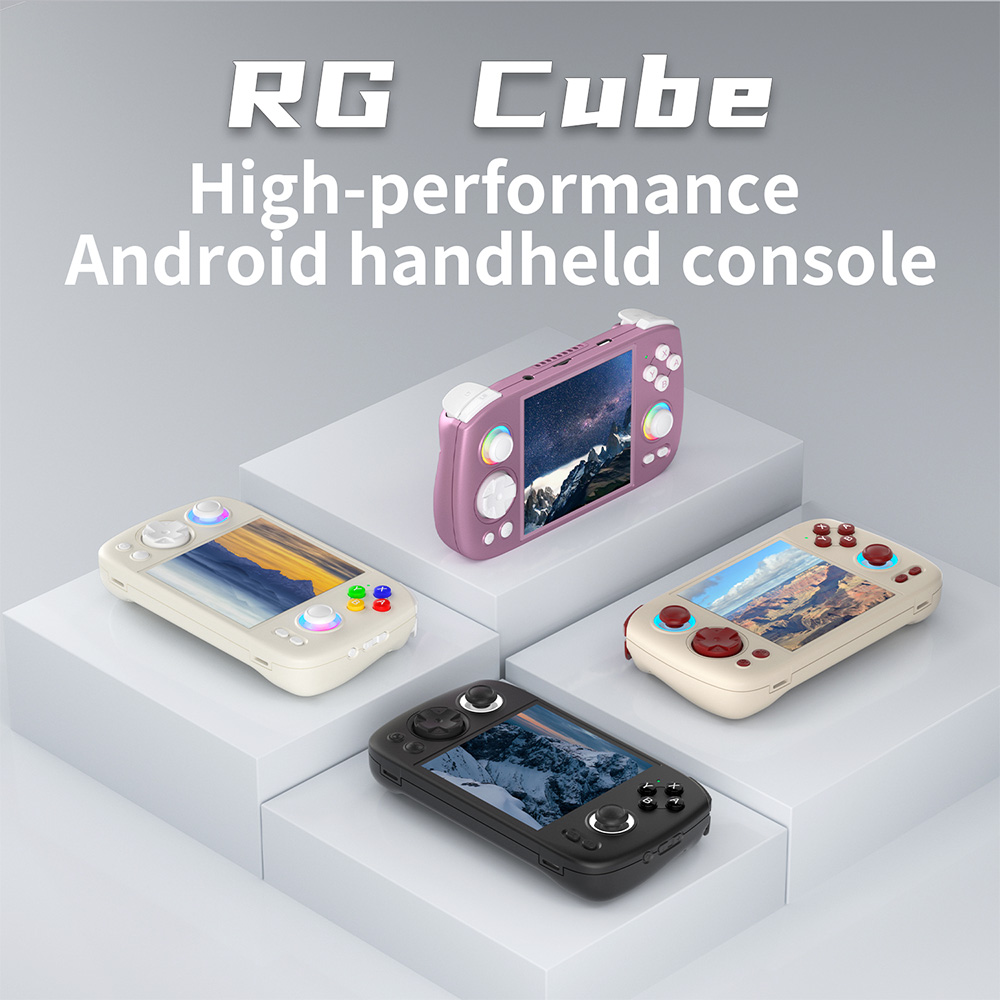 ANBERNIC-RG-CUBE-MARKETING-DONE-01 - DROIX EU Anbernic RG Cube in Beige White, Radiant Purple, Gray, and Black - A compact and powerful handheld gaming device featuring a 3.95-inch square display with 720x720 resolution. Powered by a Unisoc T820 octa-core processor and running Android 13, it supports a wide range of emulators and Android games, combining retro charm with modern technology.