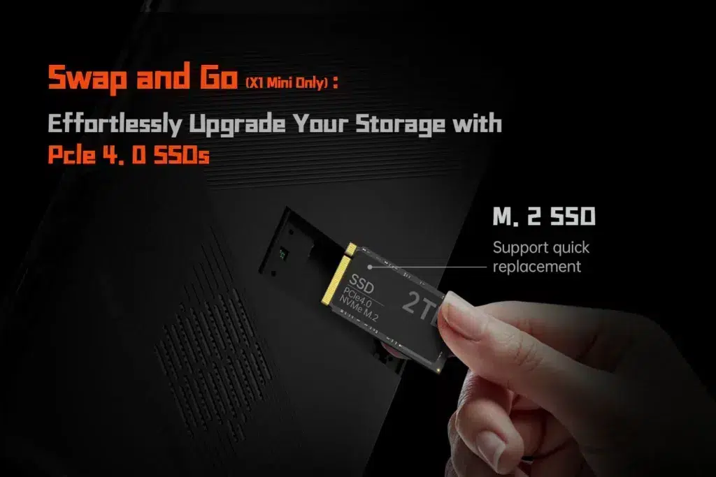 X1_mini_-150010 - DROIX EU Close-up image of a user swapping an SSD on the ONEXPLAYER X1 Mini with a PCIe 4.0 M.2 SSD labeled 2TB, illustrating quick storage upgrades with the 'Swap and Go' feature exclusive to the X1 Mini.