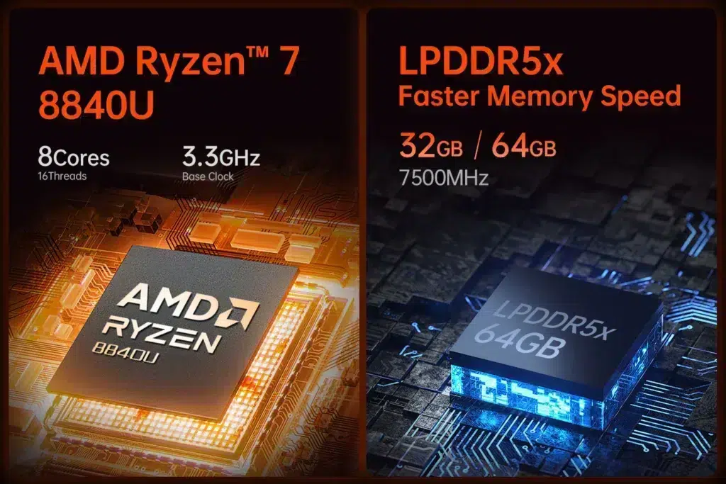 X1_mini_-15002 - DROIX EU AMD Ryzen™ 7 8840U processor illustration with specifications listed, including 8 cores, 16 threads, and a 3.3GHz base clock, alongside an LPDDR5x memory module highlighting 32GB/64GB configurations at 7500MHz for faster memory speed
