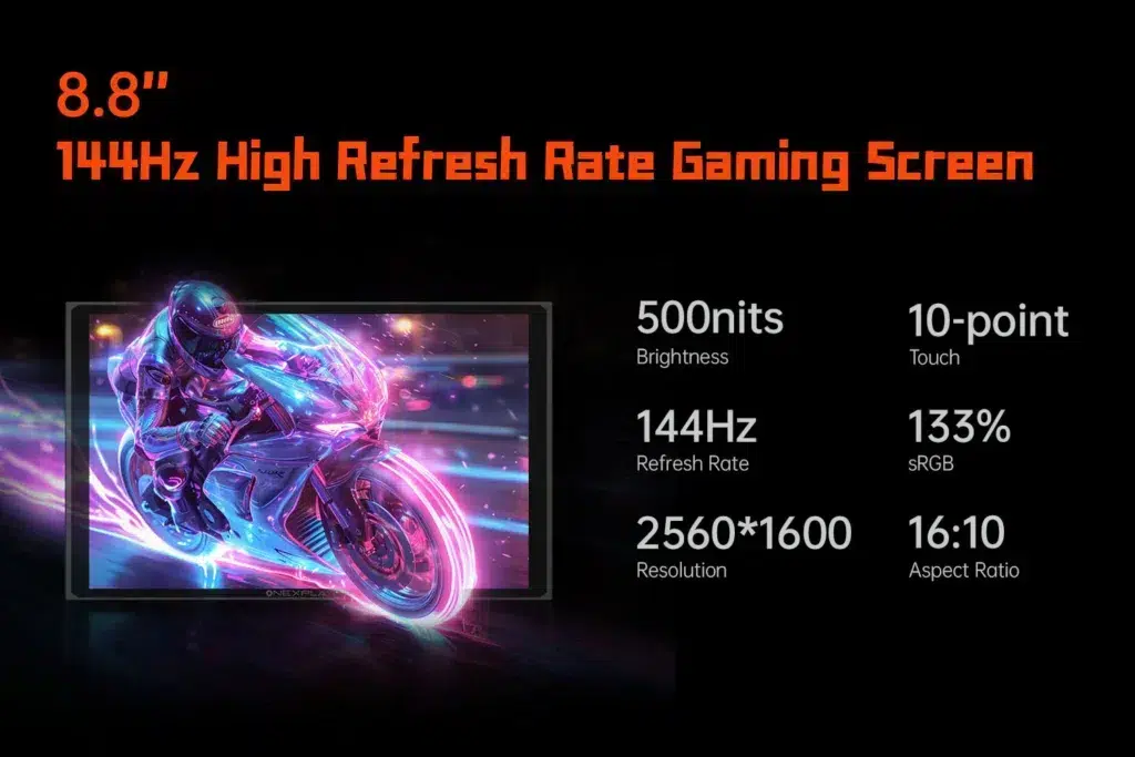 X1_mini_-15003 - DROIX EU 8.8-inch high-refresh-rate gaming screen specification featuring 500 nits brightness, 144Hz refresh rate, 2560x1600 resolution, 133% sRGB color gamut, 16:10 aspect ratio, and 10-point touch functionality, with a vibrant motorcycle racing image displayed on the screen.