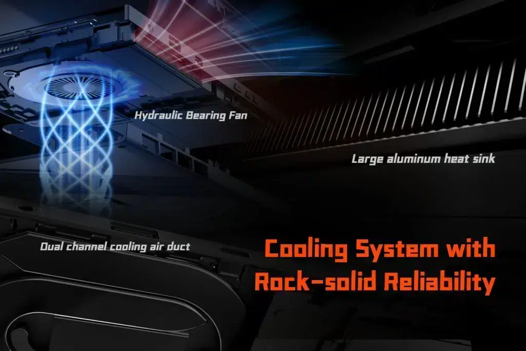 gempages_522757109238989843-057e0d23-4855-46e0-92b8-43ee8a7e5be6 - DROIX EU Illustration of the ONEXPLAYER X1 Mini's advanced cooling system featuring a hydraulic bearing fan, dual-channel cooling air duct, and a large aluminum heat sink for reliable and efficient thermal management