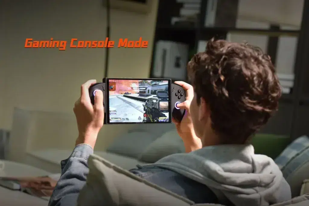 gempages_522757109238989843-1b02301d-3ff1-4948-815b-d5315da9cb5e - DROIX EU A user enjoying the ONEXPLAYER X1 Mini in gaming console mode while playing a first-person shooter game, emphasizing the console-like experience in a portable form factor.