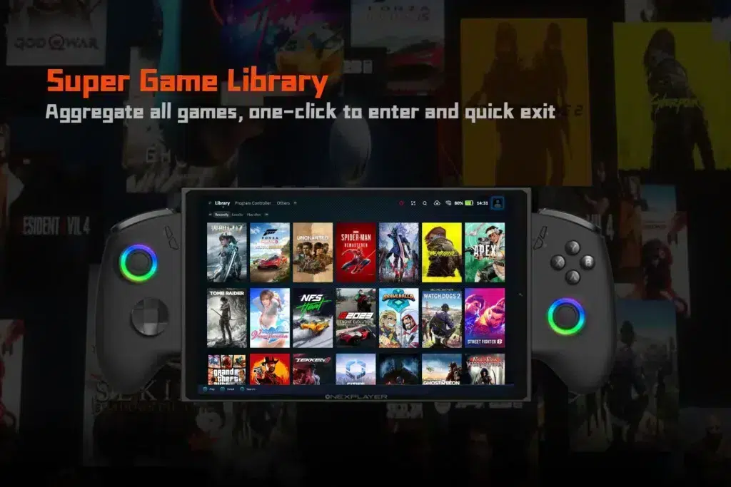gempages_522757109238989843-537c9ac3-d6b3-4c68-8a89-539a85d0c4d3 - DROIX EU ONEXPLAYER X1 Mini displaying a curated Super Game Library with multiple game titles, allowing one-click access and quick exits for seamless gaming.