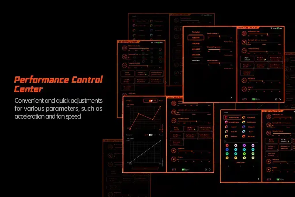 gempages_522757109238989843-868bb36c-17e5-4781-814e-6de924da7826 - DROIX EU A collage of interface screens from the Performance Control Center on the ONEXPLAYER X1 Mini, demonstrating adjustable settings for fan speed, resolution, RGB lighting, and performance presets