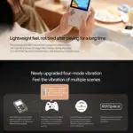 Immagine in due parti che evidenzia l'ergonomia e le caratteristiche di vibrazione di AYANEO Pocket DMG. La parte superiore mostra le mani che tengono il dispositivo, sottolineando la sensazione di leggerezza e la facilità di azionamento dei pulsanti. In basso viene descritto il nuovo sistema di vibrazione a quattro modalità, che include la vibrazione corporea, il supporto del protocollo Xinput, SoundTAPMagic e AYASpace per migliorare l'esperienza di gioco.  