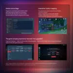 Immagine a quattro pannelli che illustra le caratteristiche software di AYANEO Pocket DMG. In alto a sinistra sono mostrate le opzioni di camuffamento del dispositivo per sbloccare le impostazioni di qualità superiore. In alto a destra viene mostrata la mappatura dei pulsanti insensibili. I pannelli inferiori mostrano un'esperienza di scraping dei giochi migliorata con un ampio database cloud e un'interfaccia utente ottimizzata per l'importazione di pacchetti di giochi, con varie piattaforme di giochi retro ed emulatori.   