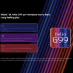 Una grafica che mostra il processore MediaTek Helio G99 di AYANEO Pocket Micro. I riquadri di testo evidenziano il processore a otto core in grado di eseguire giochi PS2, il raffreddamento attivo per lunghe sessioni di gioco e la durata della batteria fino a 6 ore. Il logo Helio G99 è ben visibile su uno sfondo colorato.