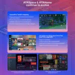 Infografica che illustra le funzioni di AYASpace e AYAHome per AYANEO Pocket Micro. Vengono mostrate le schermate della mappatura insensibile dei pulsanti, dell'interfaccia di scraping dei giochi e delle schermate di gestione dei giochi. L'infografica evidenzia il miglioramento della mappatura dei pulsanti, l'aggiornamento del database dei giochi e la gestione completa dei contenuti di gioco.