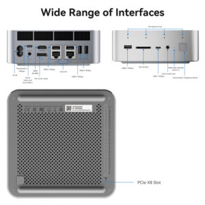 Bredt udvalg af grænseflader - diagram for Beelink GTi14 Ultra. For- og bagside viser mærkede porte, herunder Thunderbolt 4, HDMI, USB, LAN, lydstik, SD-kortplads og fingeraftrykssensor. Nederst fremhæves PCIe X8-slot til udvidelsesmuligheder