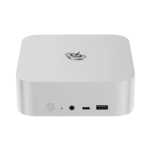 The Beelink SER8 mini PC in silver is a compact, square device with rounded corners. The front panel features a power button, USB ports, and an audio jack. The side view highlights its sleek metal casing. The logo is prominently displayed on the top surface. The product measures approximately 135mm x 135mm x 50mm.