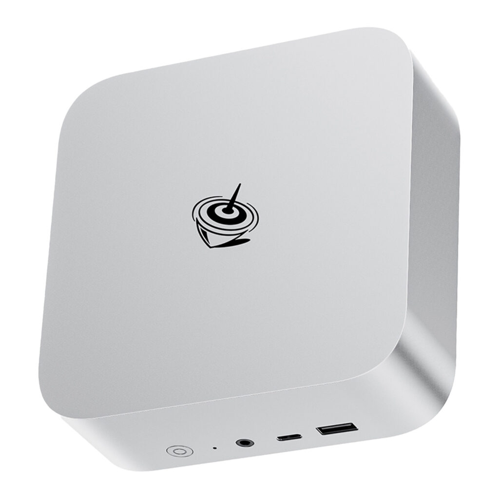 This Beelink SER8 mini PC in silver is a small, square device with rounded corners. The front panel shows off a power button, USB ports, and an audio jack. The sleek metal casing is evident from the side view. The top surface features the logo. The product dimensions are about 135mm x 135mm x 50mm.