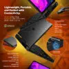 Bočni profil GPD Pocket 4 naglašava njegov lagani, prijenosni dizajn s detaljnim značajkama povezivanja kao što su USB4, HDMI 2.1, USB A 3.2 Gen 2, priključak za zvučnik, mrežni priključak RJ45 i gumb za uključivanje prepoznavanja otiska prsta. Dimenzije: 206,8 x 144,5 x 22,2 mm; Težina: 770g.