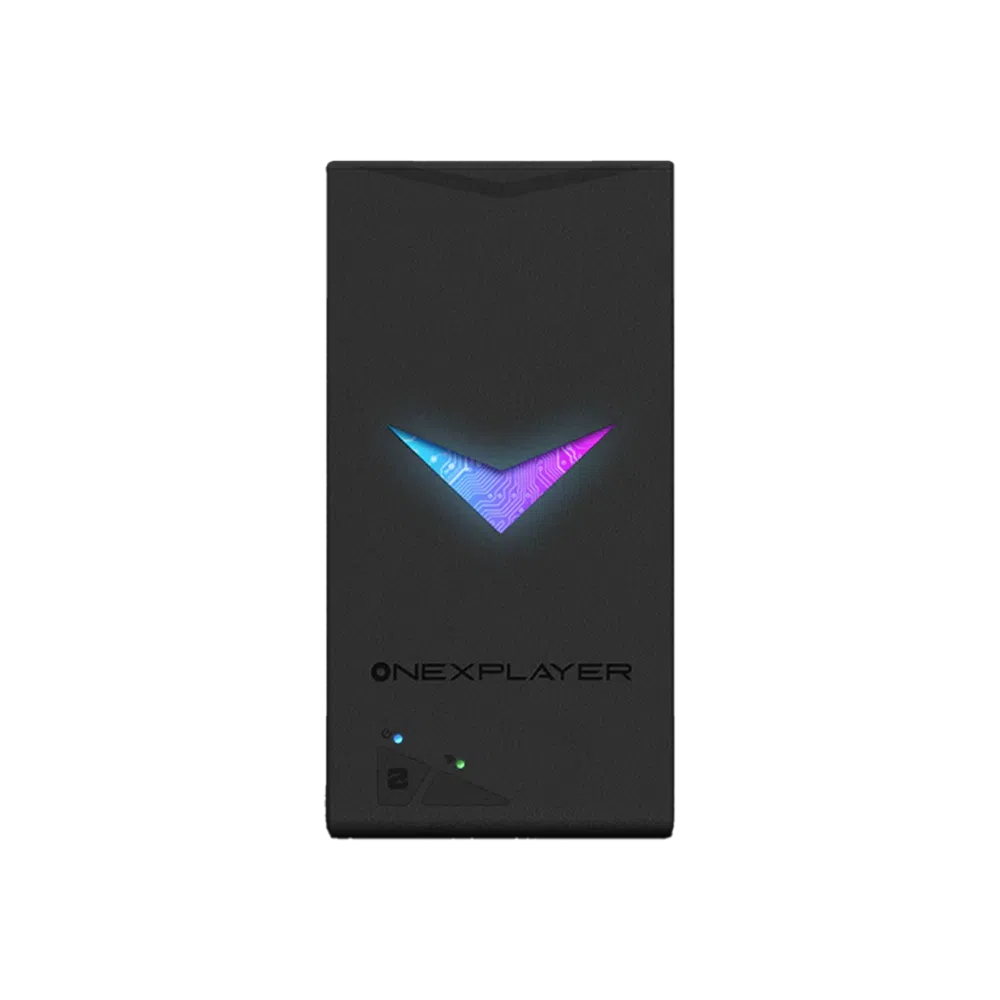 Предният панел на преносимо устройство за игри на ONEXPLAYER. Той има черен правоъгълен дизайн със светещо V-образно лого в синьо и лилаво. Под логото се вижда марката ONEXPLAYER, както и две малки индикаторни лампички.  