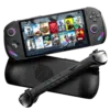 Front and back views of the ONEXPLAYER F1 Pro handheld device highlighting its ergonomic design, wide display with various gaming titles on screen, and rear air vent for cooling.