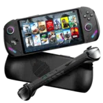 Vista anteriore e posteriore del dispositivo portatile ONEXPLAYER F1 Pro che mette in evidenza il suo design ergonomico, l'ampio display con vari titoli di gioco sullo schermo e la presa d'aria posteriore per il raffreddamento.