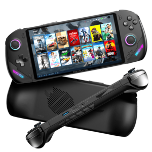 Front and back views of the ONEXPLAYER F1 Pro handheld device highlighting its ergonomic design, wide display with various gaming titles on screen, and rear air vent for cooling.