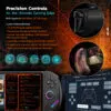 Precision gaming controls of the ONEXPLAYER F1 Pro featuring RGB joysticks with Hall effect technology, 18° tilt angle, programmable M1/M2 buttons, tactile ABXY and shoulder buttons, Hall effect triggers, 3-axis gyroscope, accelerometer, and dual linear vibration motors for immersive gameplay.