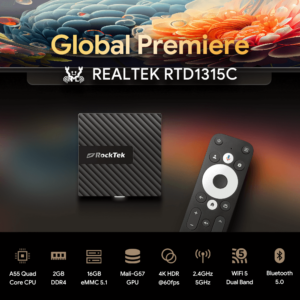 Weltpremiere der RockTek GB1 Android TV Box mit dem Realtek RTD1315C Prozessor. Die Präsentation des Geräts und der Fernbedienung zeigt die wichtigsten Spezifikationen dieses Modells: A55 Quad-Core CPU, 2GB DDR4 RAM, 16GB eMMC 5.1 Speicher, Mali-G57 GPU, 4K HDR Unterstützung bei 60fps, Dual-Band WiFi (2,4GHz und 5GHz) und Bluetooth 5.0. Entwickelt für nahtloses Media-Streaming und Smart-Home-Integration.