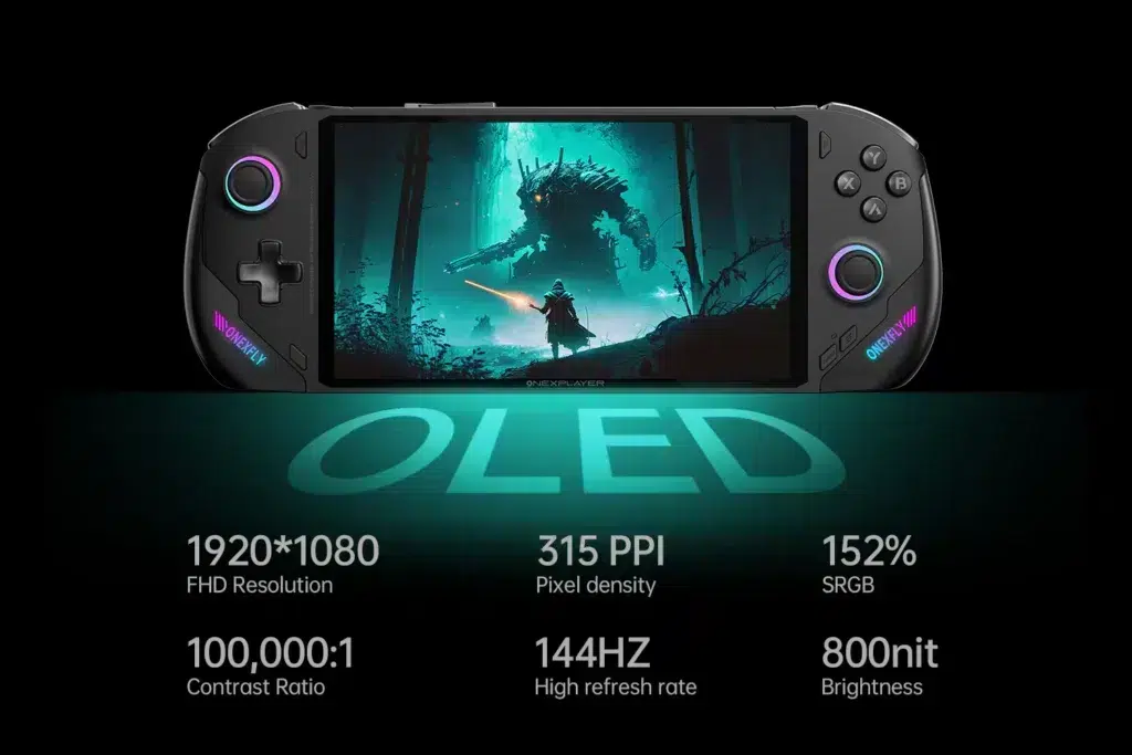 ONEXFLY F1 Pro handheld device with an OLED display, featuring a 1920x1080 FHD resolution, 315 PPI pixel density, 144Hz refresh rate, and 800 nit brightness, providing an immersive gaming experience against a vibrant fantasy-themed game backdrop.