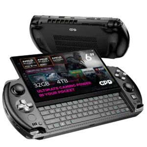 A sleek gaming handheld device with a 6" Full HD touchscreen display showcasing its compact QWERTY keyboard and powerful specs. Features include AMD Ryzen AI Pro 9 HX processor, up to 32GB RAM, and 4TB NVMe SSD storage. Highlighted text reads, "Ultimate Gaming Power in Your Pocket."
