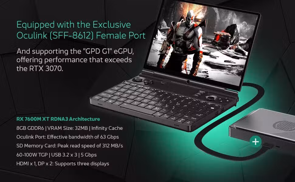 GPD-WIN-MAX-2-2024-MARKETING-NEW-DONE-03 - DROIX EU An image of the GPD Win Max 2 (2024) gaming laptop connected to the GPD G1 Oculink eGPU. The GPD Win Max 2 is shown with its sleek, compact design, backlit keyboard, and large display. The GPD G1 Oculink is positioned next to it, connected via a high-speed Oculink cable, enhancing the gaming performance with its powerful external graphics card.