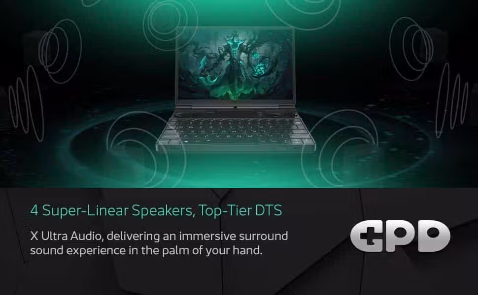 GPD-WIN-MAX-2-2024-MARKETING-NEW-DONE-04 - DROIX EU An image of the GPD Win Max 2 (2024) gaming laptop, focusing on its built-in speakers. The close-up view shows the speaker grills positioned near the keyboard, emphasizing the high-quality audio output designed to enhance the gaming and multimedia experience.