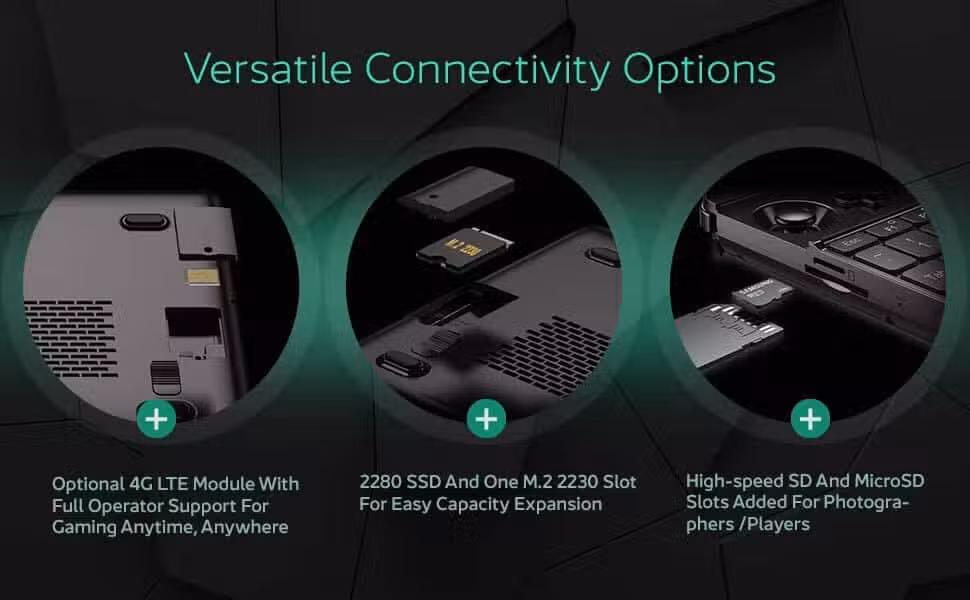 GPD-WIN-MAX-2-2024-MARKETING-NEW-DONE-05 - DROIX EU An image of the GPD Win Max 2 (2024) gaming laptop, showcasing its optional 4G LTE module for mobile connectivity. The laptop's underside is visible, highlighting the easy expansion capabilities with clearly labeled 2280 and 2230 M.2 slots for additional storage or upgrades