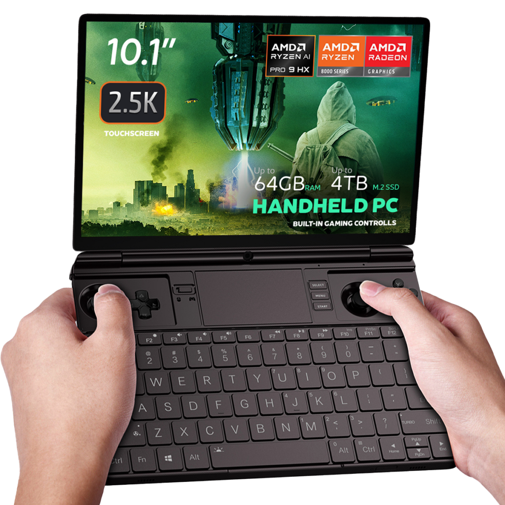 Afbeelding van de GPD WIN Max 2 2025, een handheld gaming-pc met een 10,1-inch 2,5K aanraakscherm. Hij is uitgerust met AMD Ryzen AI Pro 9 HX en Radeon 8000 Series graphics. Het apparaat heeft tot 64GB RAM en tot 4TB M.2 SSD opslag, met ingebouwde gamingbediening en een volledig QWERTY-toetsenbord. Het scherm toont een futuristische gamescène met levendige beelden, die de geavanceerde prestatiemogelijkheden benadrukken.