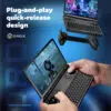 "Infographic showcasing the GPD Win Mini 2025's plug-and-play quick-release design for easy grip attachment and detachment. Highlights enhanced ergonomics for comfortable gaming sessions, with grips sold separately."