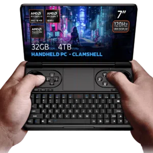Hands holding the GPD Win Mini 2025, a clamshell handheld PC with a 7-inch 120Hz VRR display, powered by AMD Ryzen AI 9 HX 365/370 or Ryzen 7 8840U processors. Featuring up to 64GB RAM and 4TB NVMe storage, it is optimized for gaming and productivity with Hall Effect joysticks, a full QWERTY keyboard, and stunning cyberpunk-themed visuals on the screen.