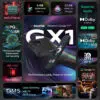 A detailed infographic showcasing the RockTek GX1’s advanced features, including a Realtek RTD1325 processor, 4GB DDR4 RAM, 32GB eMMC storage, Dolby Vision, Dolby Atmos, and WiFi 6 capabilities.