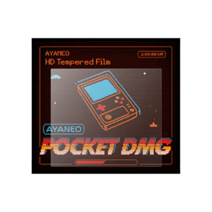 AYANEO Pocket ekrāna aizsargplēves iepakojums ar retro stila dizainu, uz kura attēlota rokas spēļu konsole un teksts "AYANEO HD rūdīta plēve" košās krāsās.