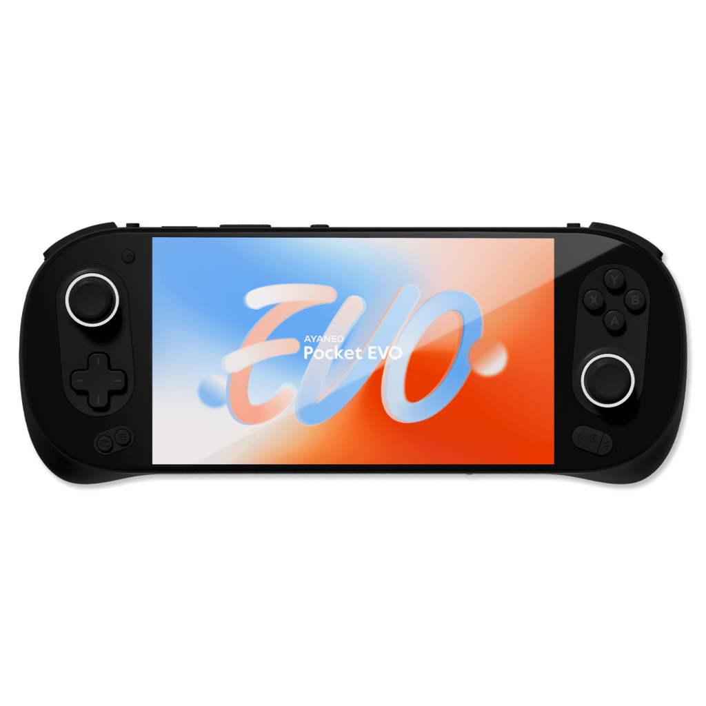 AYANEO Pocket EVO käeshoitav mängukonsool on elegantse musta disainiga ja elujõulise 7-tollise OLED-ekraaniga, millel on AYANEO Pocket EVO logo dünaamilise punase, valge ja sinise värvigraafikuga.