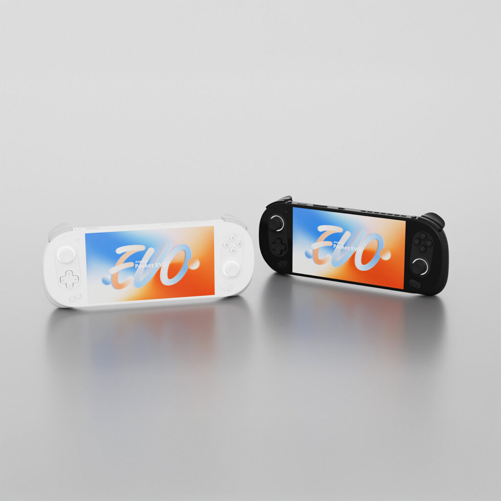 AYANEO-POCKET-EVO-MARKETING-DONE-34 - DROIX EU Side-by-side comparison of the white and black variants of the AYANEO Pocket EVO, highlighting its modern and sleek design with a vibrant display.