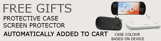 EVO-FREE-GIFTS - DROIX EU Promotional banner offering free gifts with the AYANEO Pocket EVO purchase, including a protective case and screen protector. The case color is matched to the device and items are automatically added to the cart. The banner features images of the device, black and white protective cases, and a screen protector.